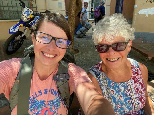 Ann Girling and her daughter Laura take a photo in the sun