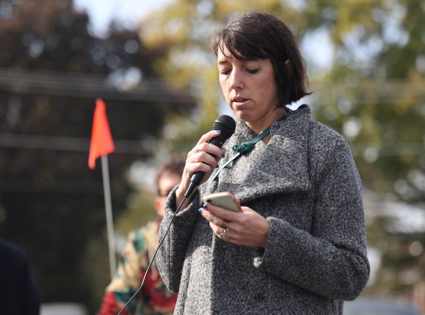 State Rep. Lindsey LaPointe, 19th, speaks at an event on Nov. 4, 2023. LaPointe is a former social worker who represents part of Chicago's Northwest Side and chairs the House Mental Health and Addictions Committee.  (Trent Sprague/Chicago Tribune)