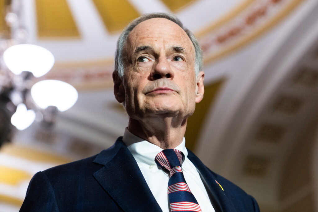 Sen. Tom Carper, D-Del., attends a news conference after the Senate luncheons in the Capitol on March 7.