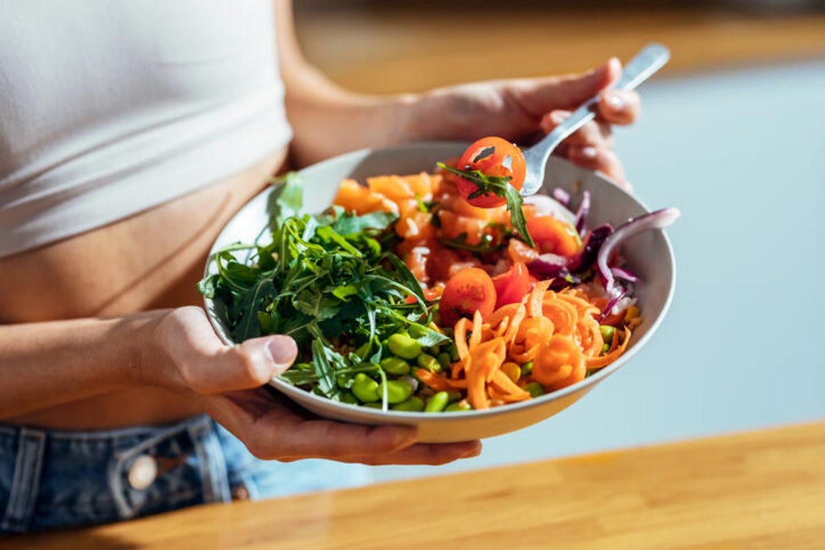 Close-up of a bowl of healthy poke.