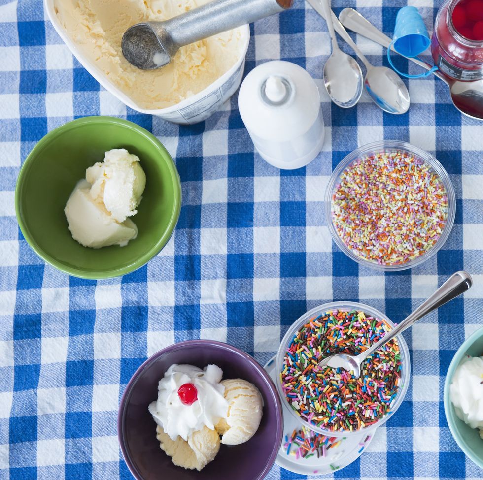 high angle view of ice cream sundaes