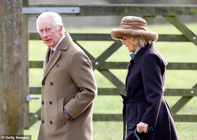 According to reports, King Charles' daily training routine includes wearing head restraints on his boxers to help treat back pain from years of playing polo.  Photo with Camilla in February
